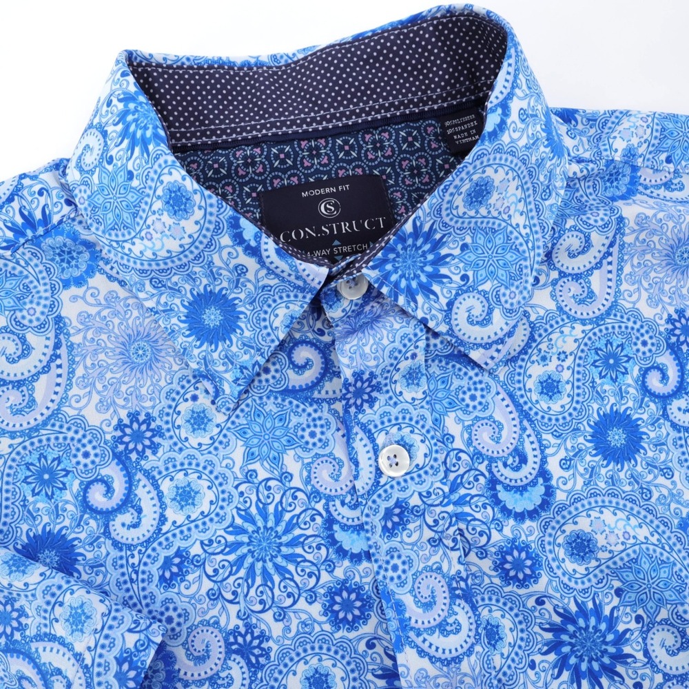 CON.STRUCT Paisley 4-Way Stretch Button Down‎ Blue Short Sleeve Mens M